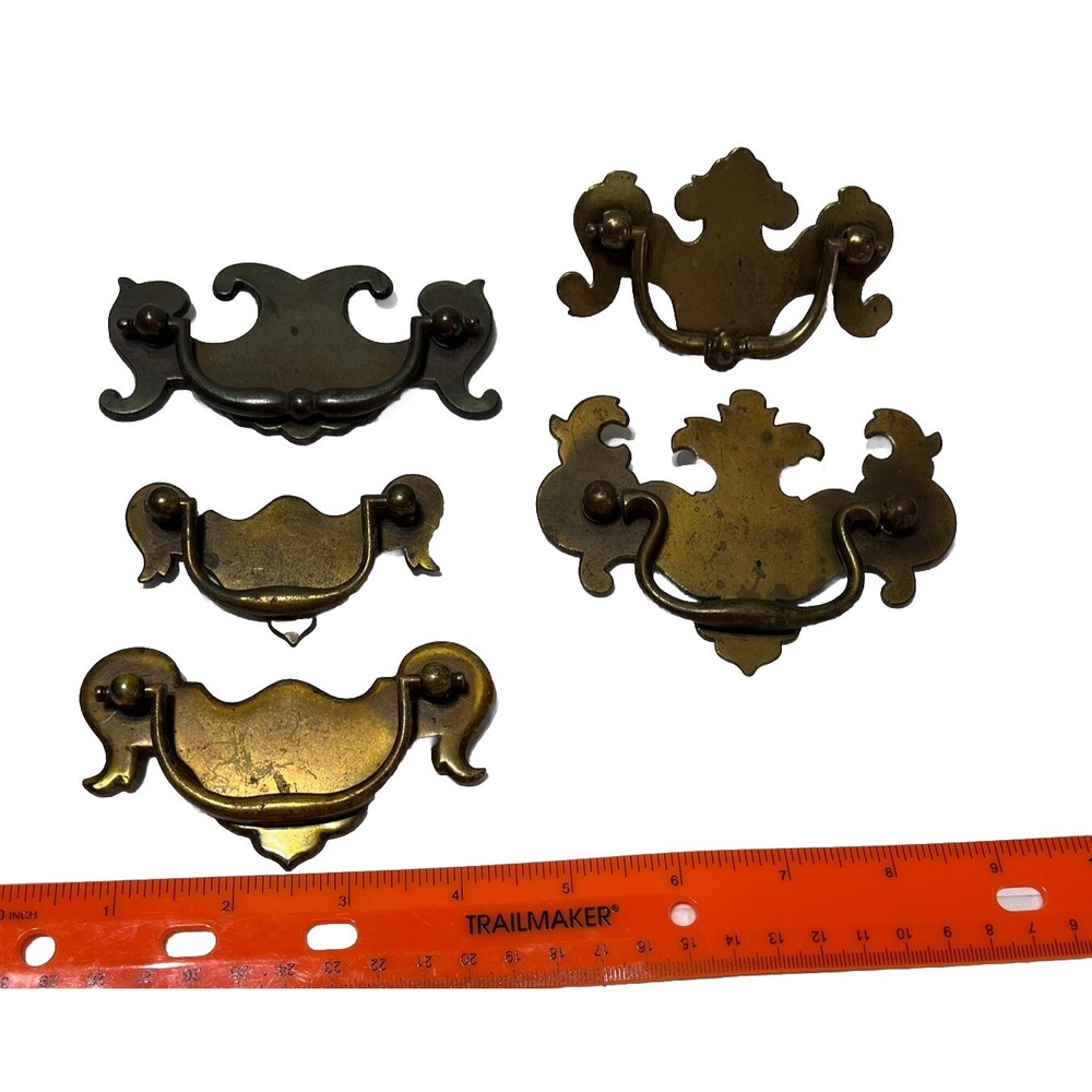Gold Tone Brass Drawer Pulls Handles LOT‎ Of 5 Mixed Sizes & Styles
